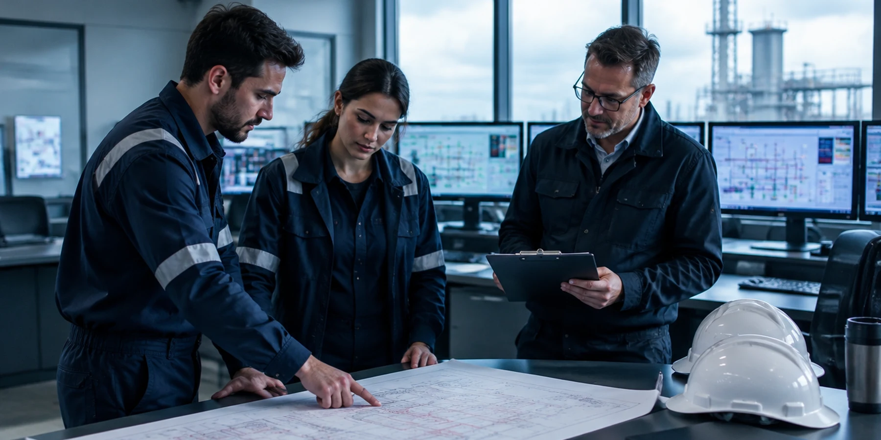 Engineers reviewing a red-lined engineering drawing and a change-request form in a plant control room