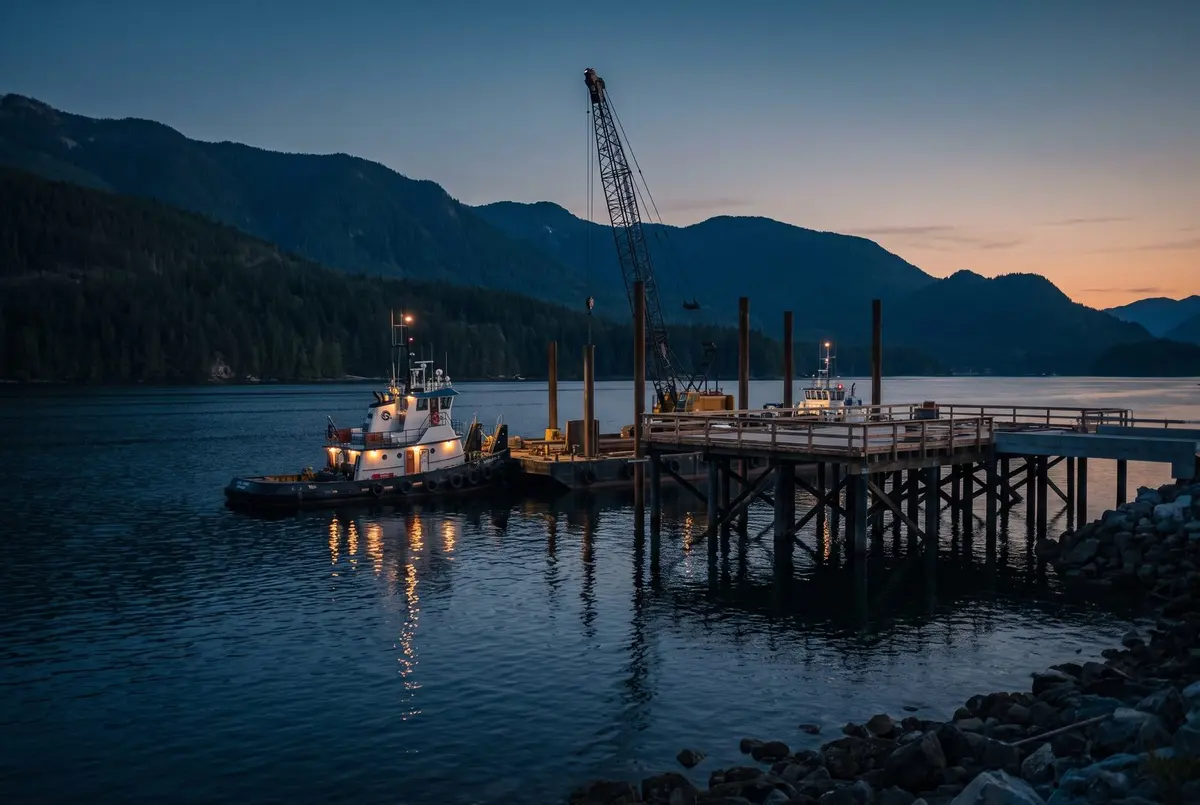 A tug and barge working alongside a marine construction site